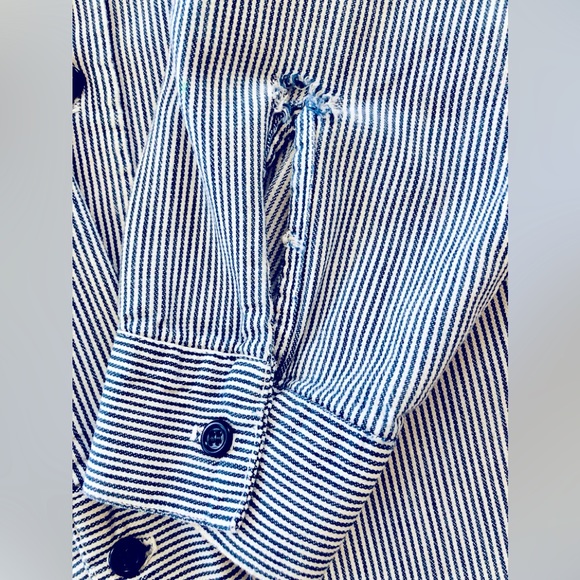 Distressed VTG embroidered patchs railroad ticking shirt XL Natural inst… - Picture 8 of 16